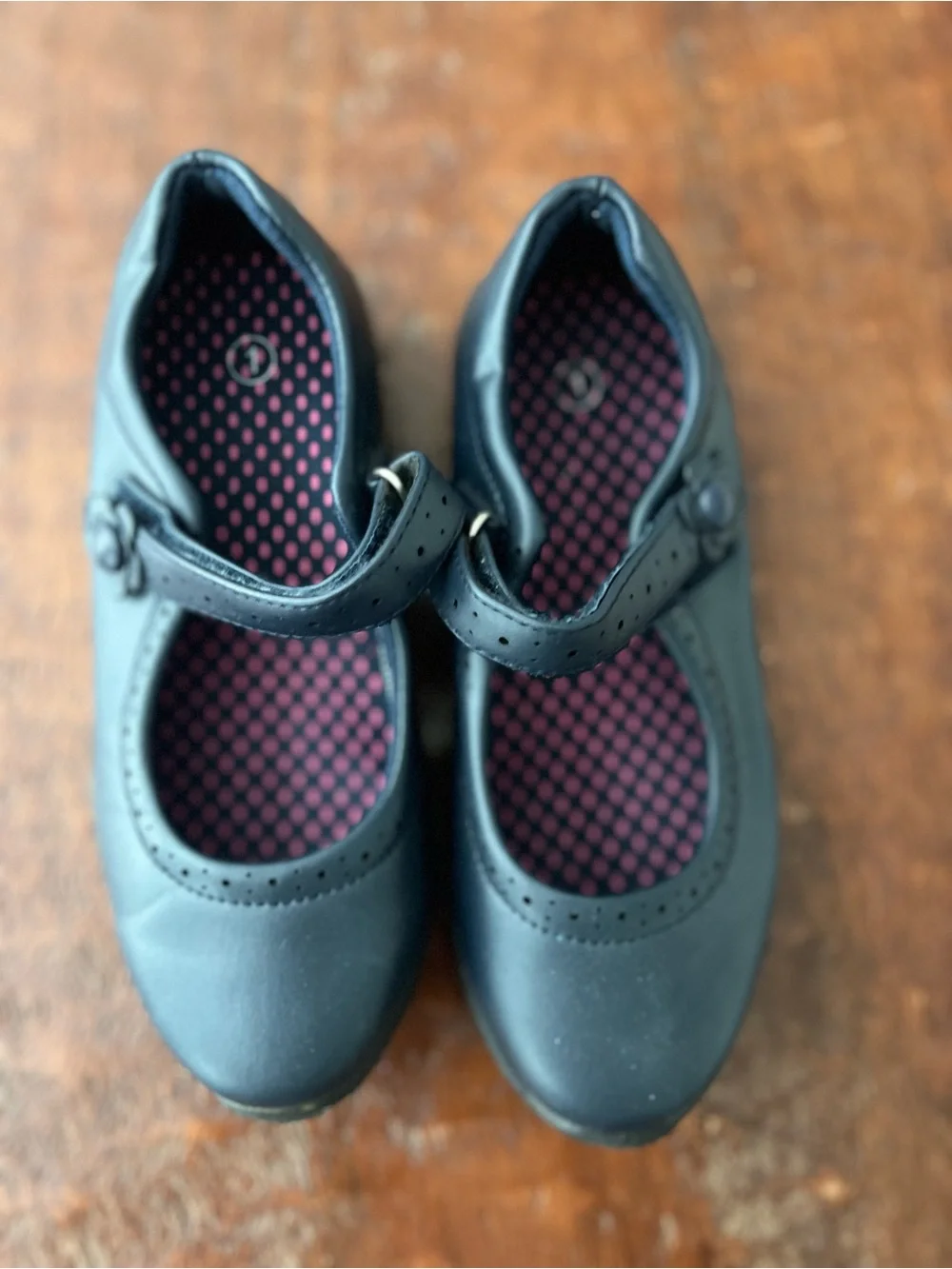 Kids Mary Jane School Shoes - Navy with Pink Polka Dot Insole Size 1